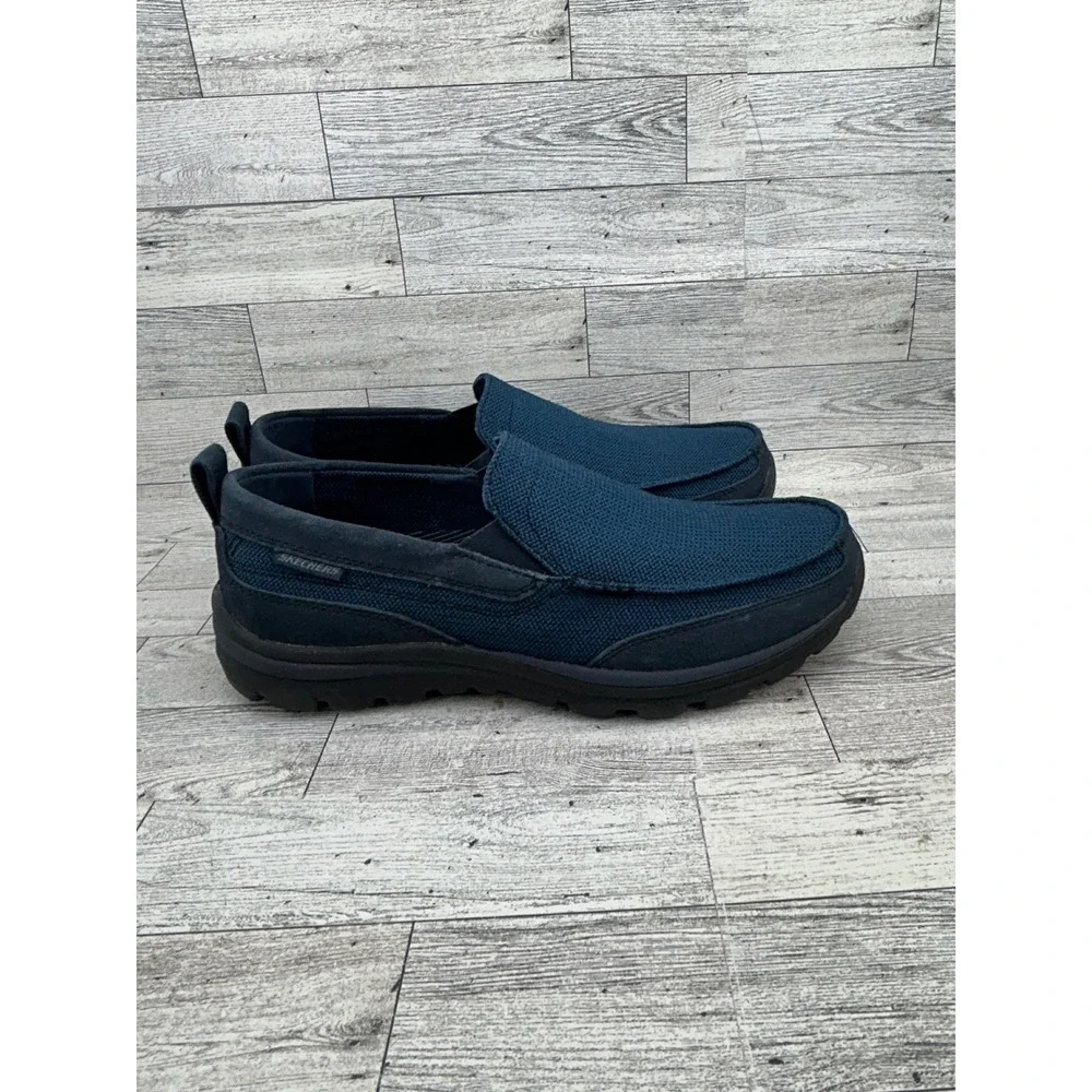 Skechers Relaxed Fit Men Sz 9.5 Navy Blue Leather Textile Slip On Loafers 64365‎